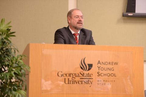 IZA-Director Zimmermann during public speech at Georgia State University, Atlanta/USA