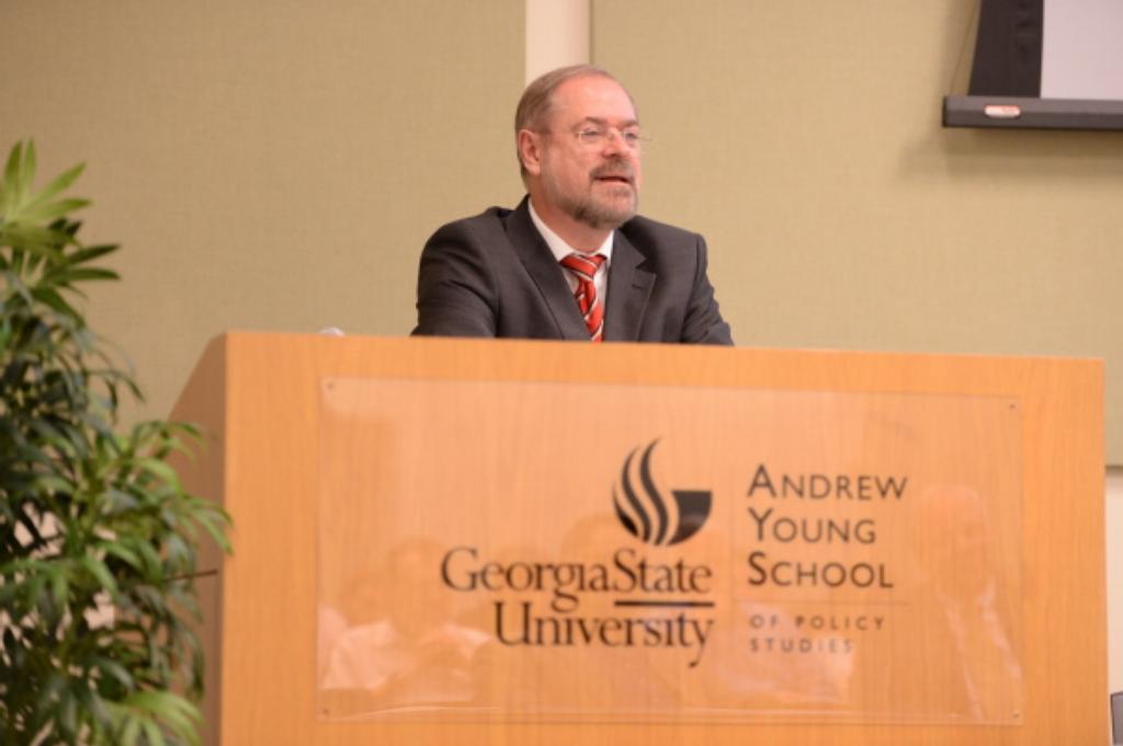 IZA-Director Zimmermann during public speech at Georgia State University, Atlanta/USA